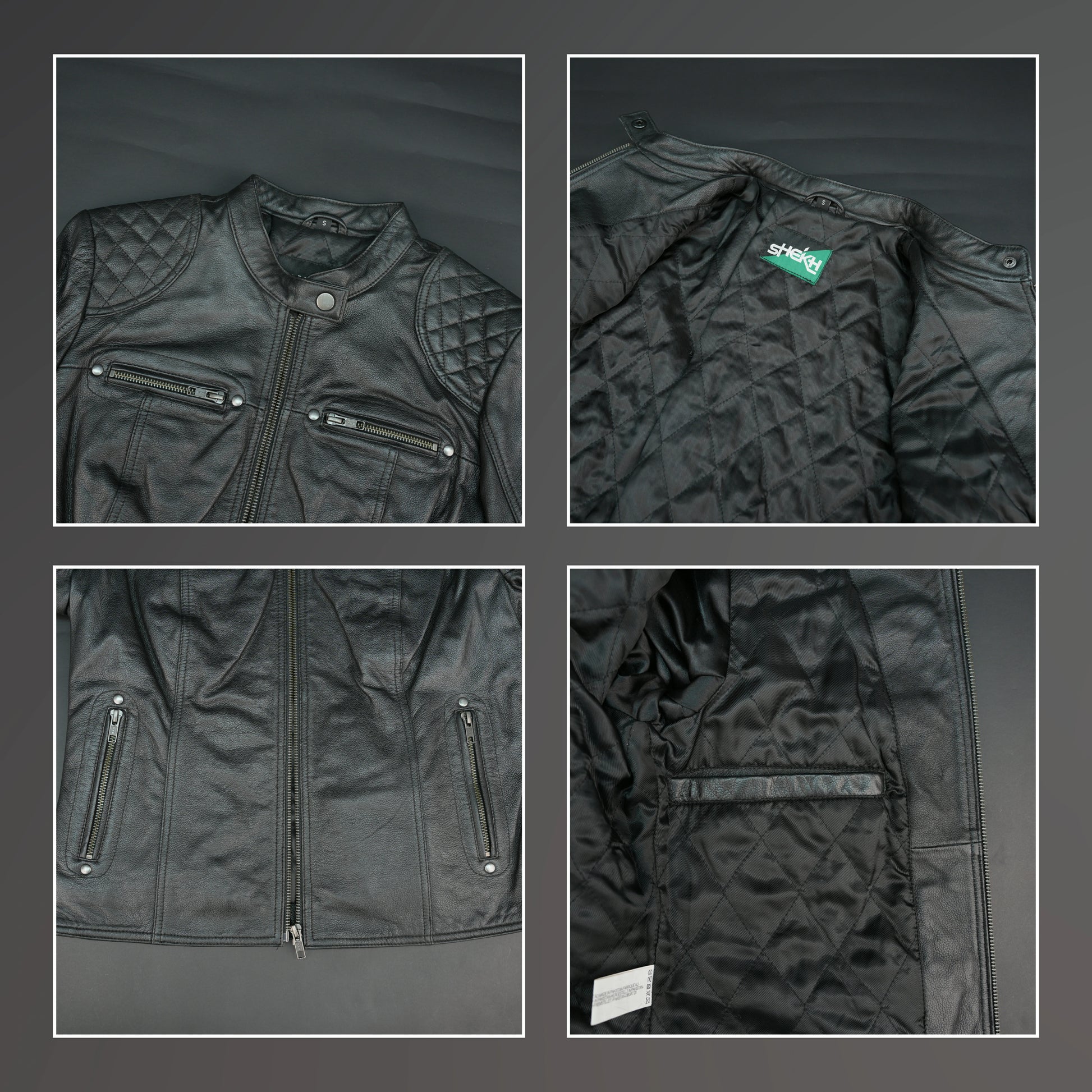 Black lambskin leather biker jacket with quilted shoulders.