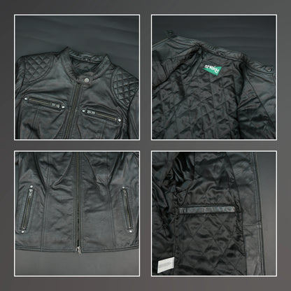 Black lambskin leather biker jacket with quilted shoulders.