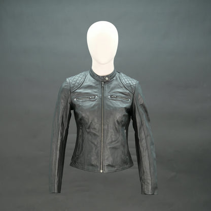 Black lambskin leather biker jacket with quilted shoulders.