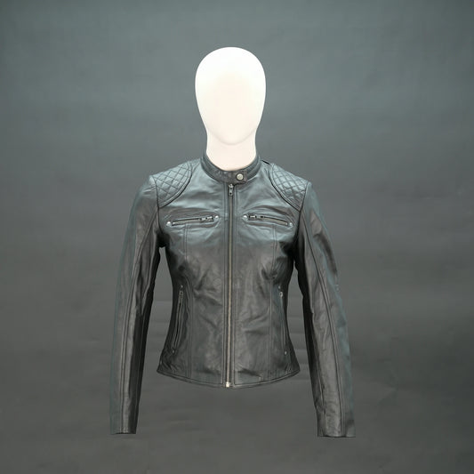 Black lambskin leather biker jacket with quilted shoulders.