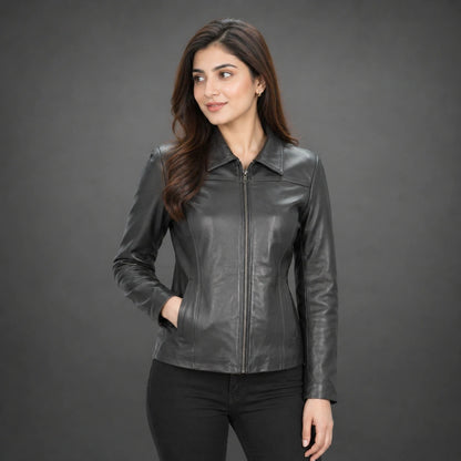 Women black slim fit leather biker jacket with zip closure and side pockets