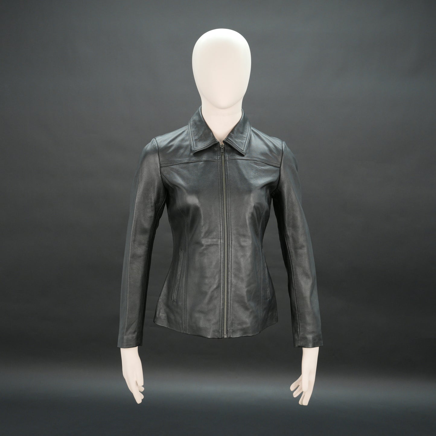 Women black slim fit leather biker jacket with zip closure and side pockets