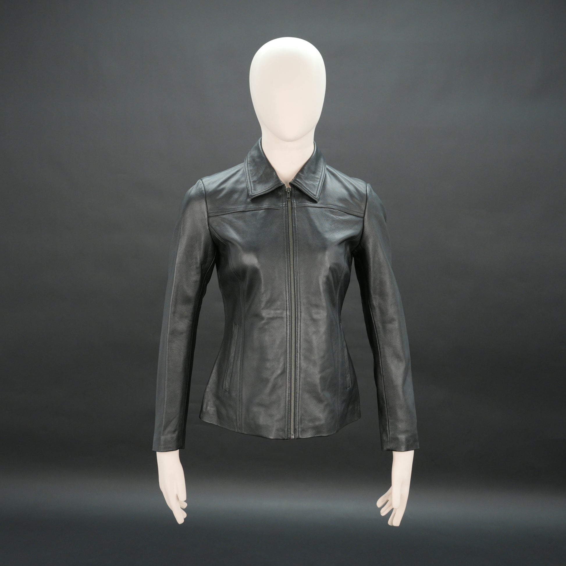 Women black slim fit leather biker jacket with zip closure and side pockets