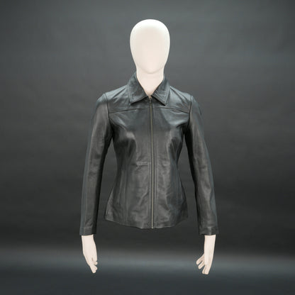 Women black slim fit leather biker jacket with zip closure and side pockets