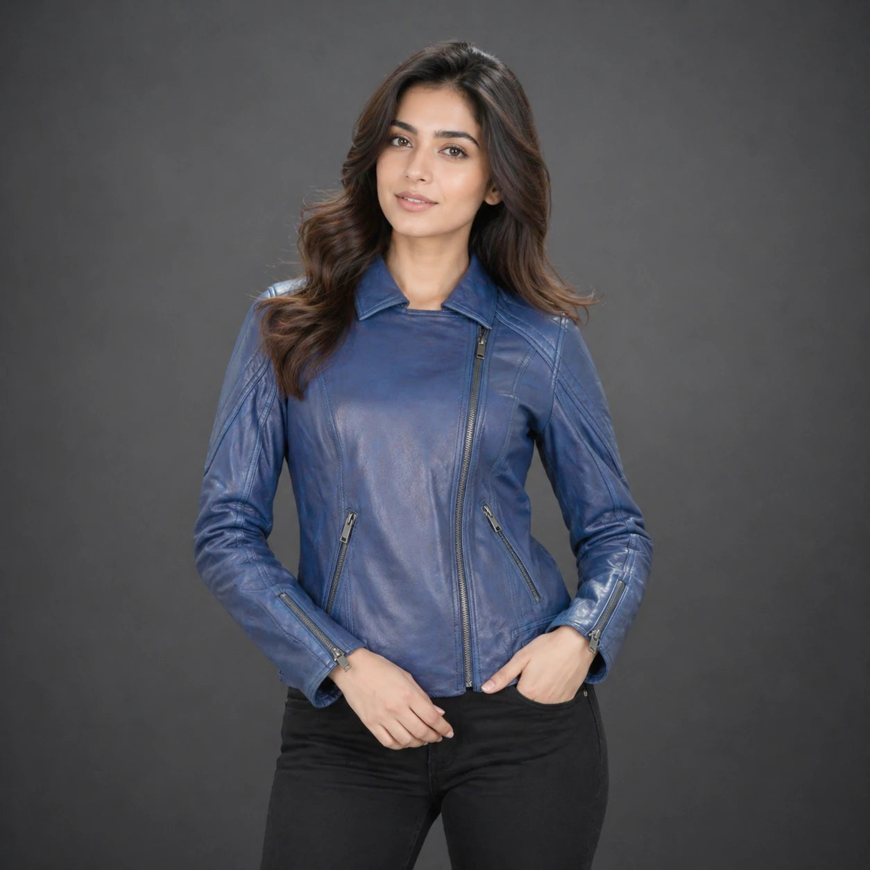 Women blue leather biker jacket with front zip and slim fit