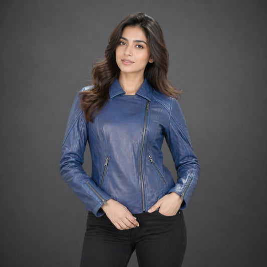 Women blue leather biker jacket with front zip and slim fit