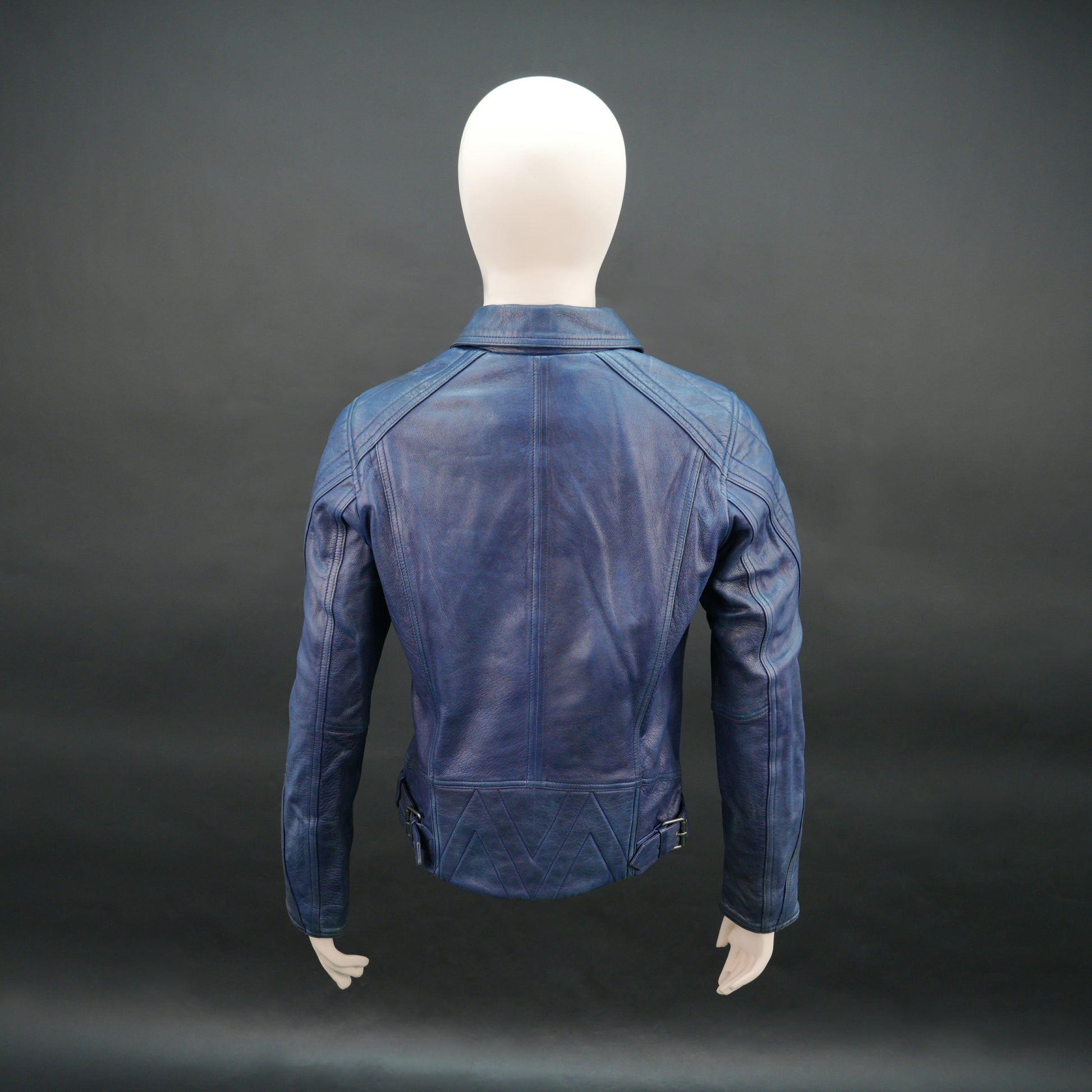 Women blue leather biker jacket with front zip and slim fit