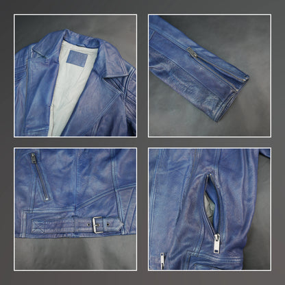 Women blue leather biker jacket with front zip and slim fit