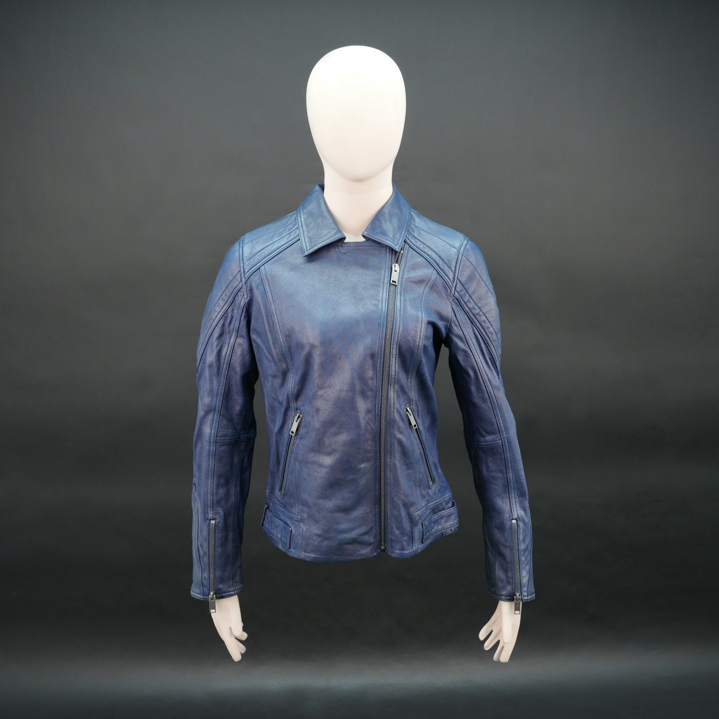 Women blue leather biker jacket with front zip and slim fit