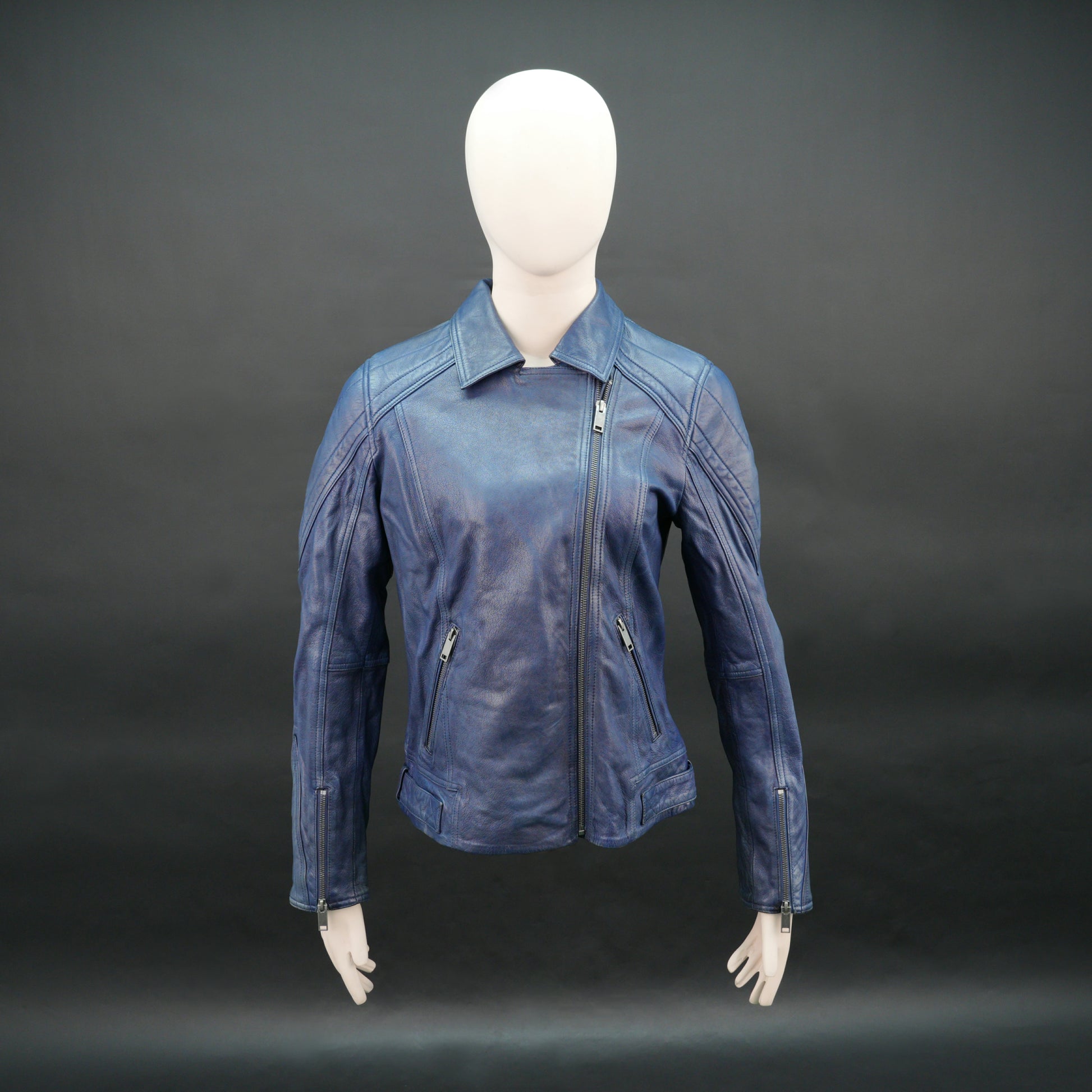 Women blue leather biker jacket with front zip and slim fit