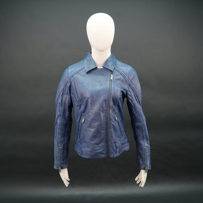 Women blue leather biker jacket with front zip and slim fit