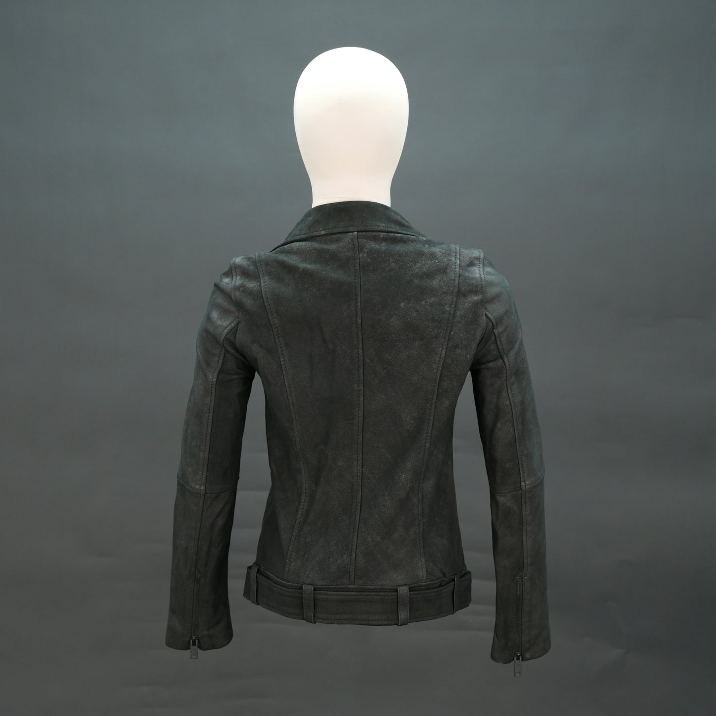 Black distressed leather biker jacket with asymmetrical zip and waist belt.