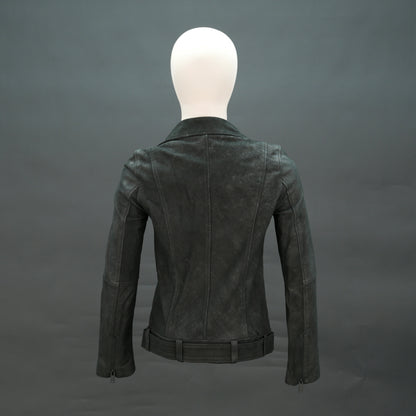 Black distressed leather biker jacket with asymmetrical zip and waist belt.