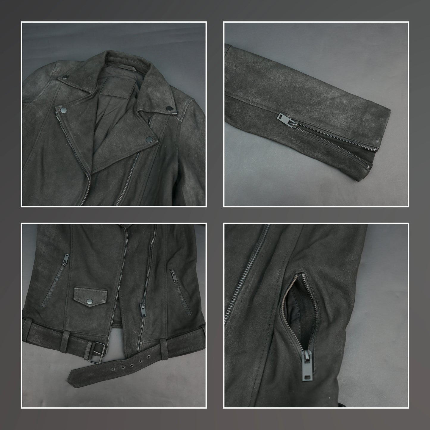 Black distressed leather biker jacket with asymmetrical zip and waist belt.