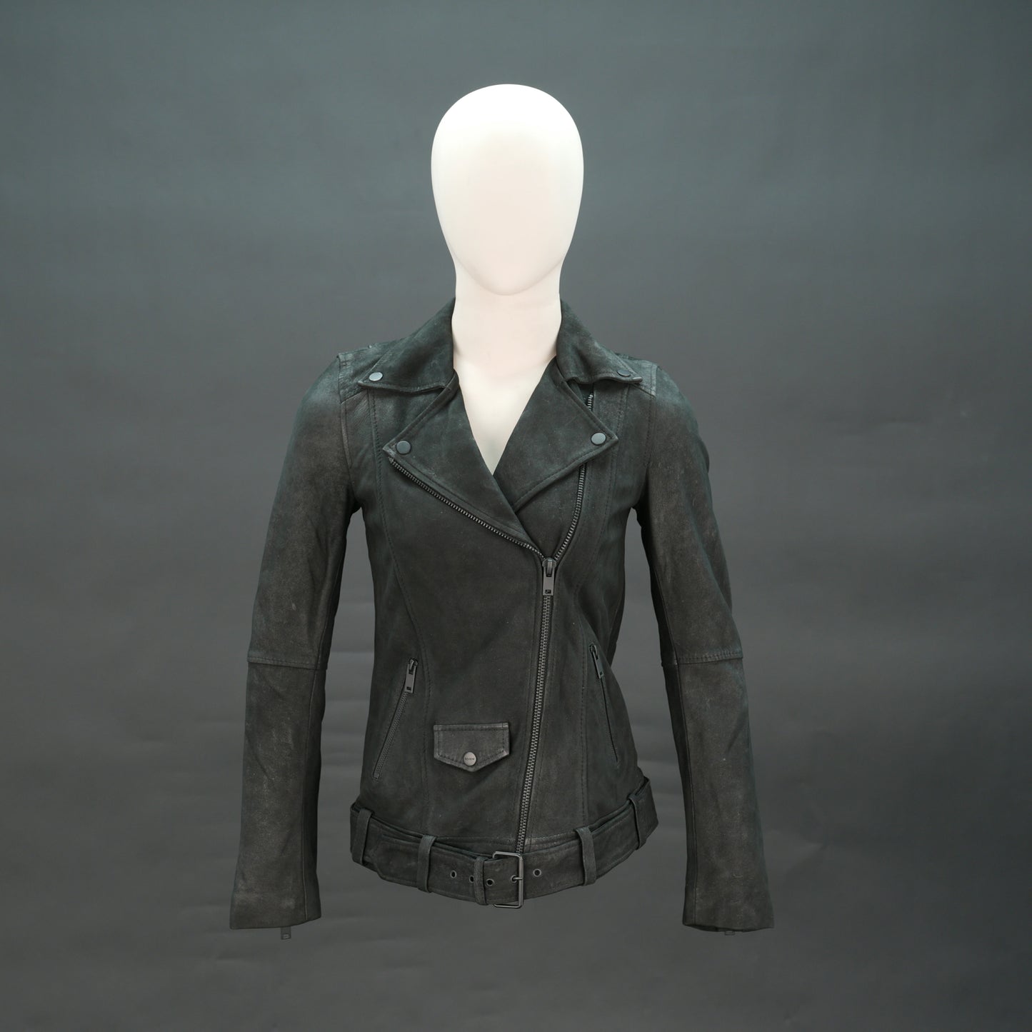 Black distressed leather biker jacket with asymmetrical zip and waist belt.