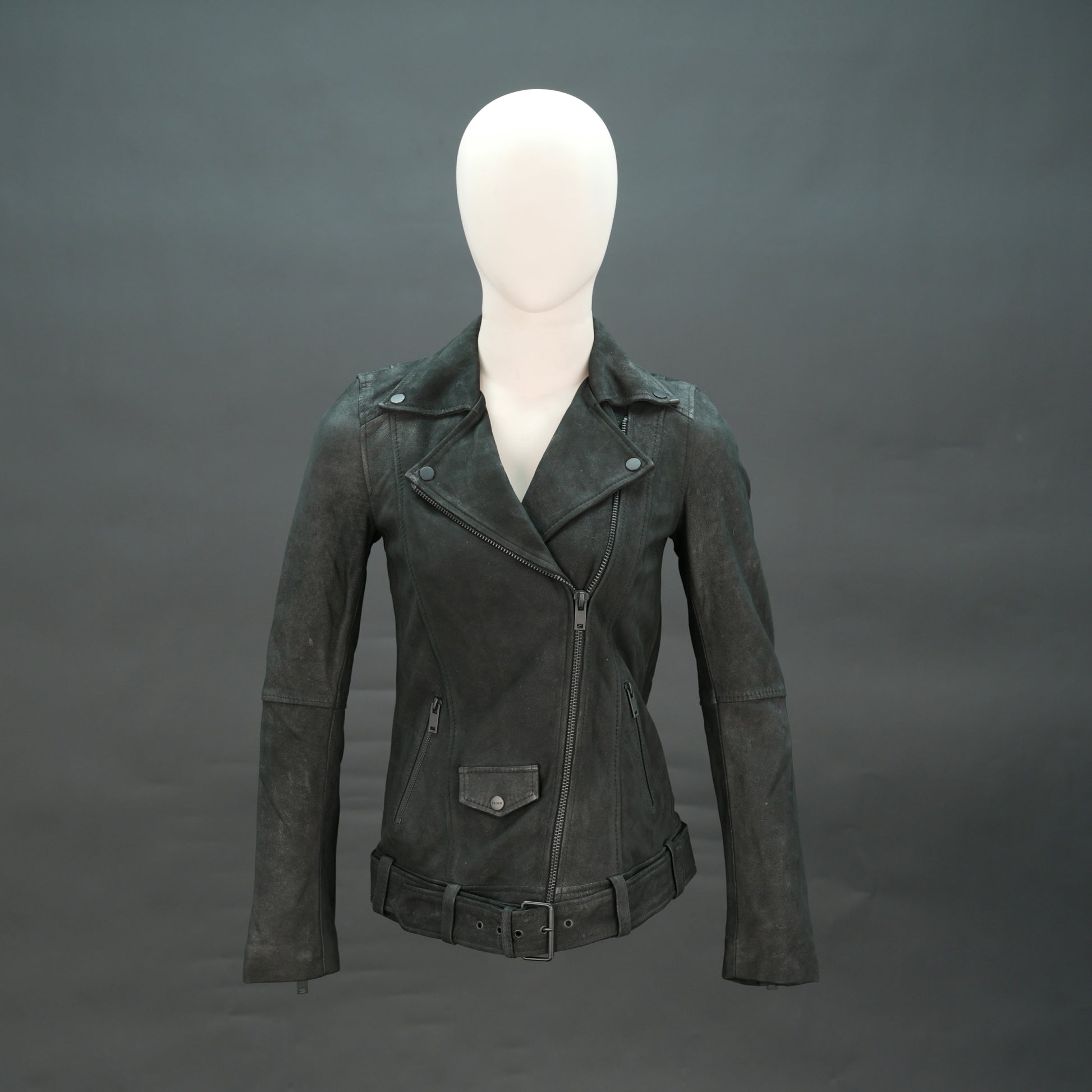 Black distressed leather biker jacket with asymmetrical zip and waist belt.