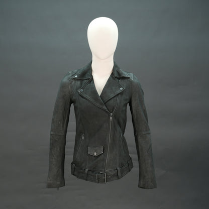 Black distressed leather biker jacket with asymmetrical zip and waist belt.