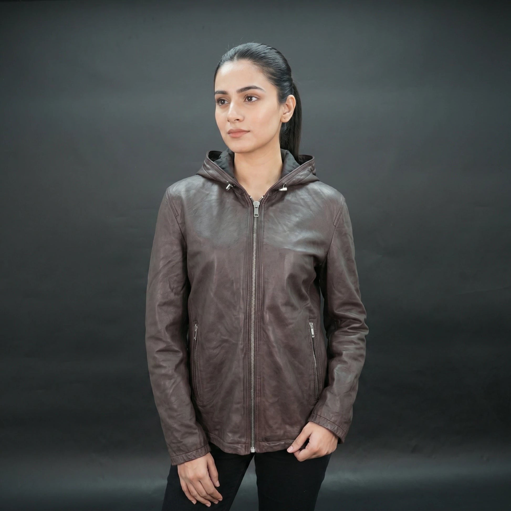 Men brown leather hooded biker jacket with front zip and zip pockets