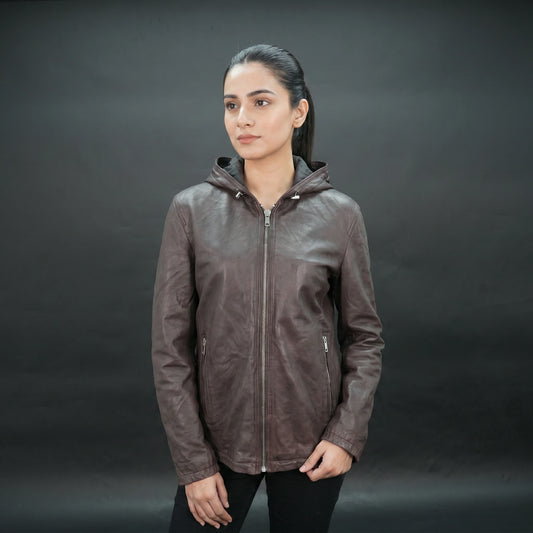 Men brown leather hooded biker jacket with front zip and zip pockets