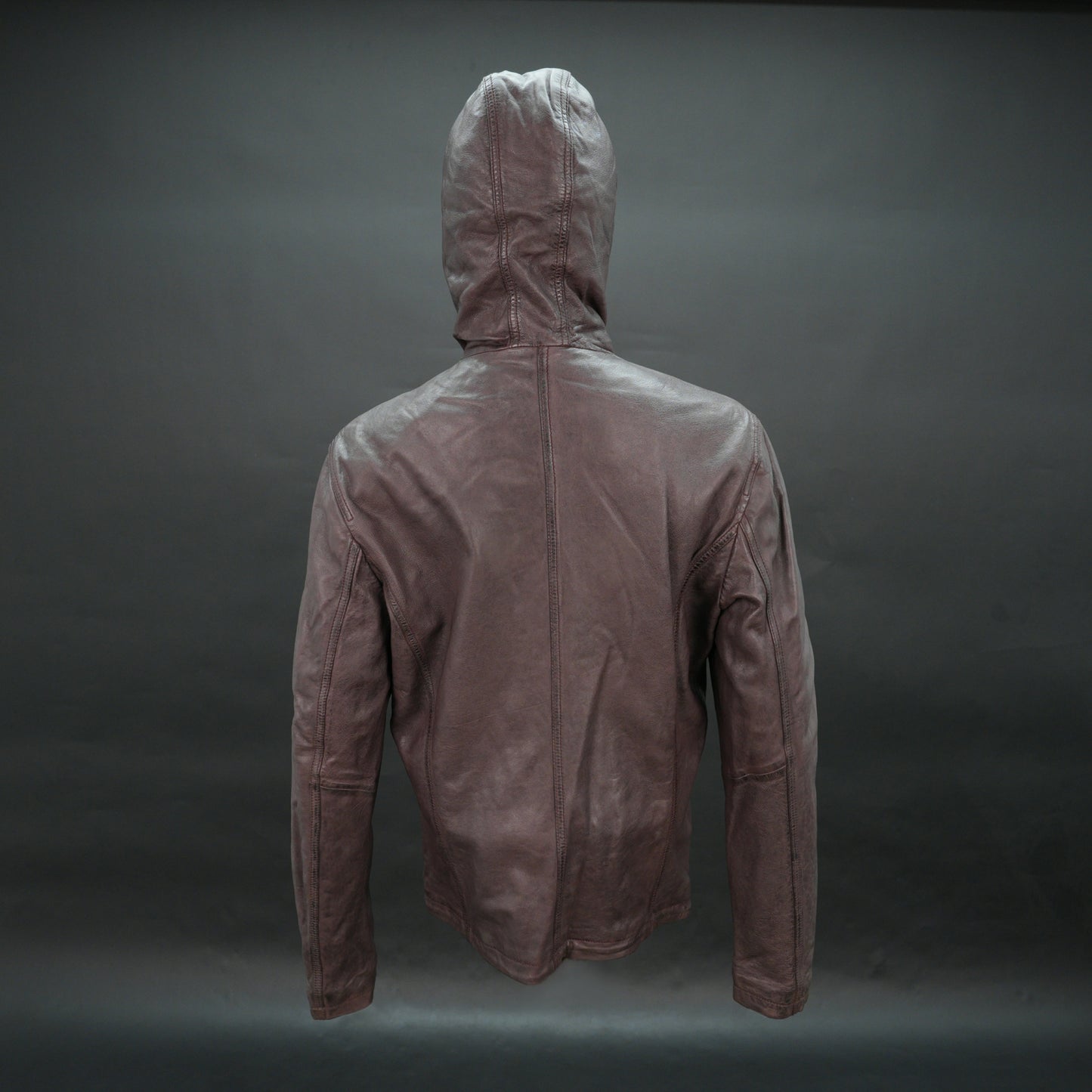 Men brown leather hooded biker jacket with front zip and zip pockets