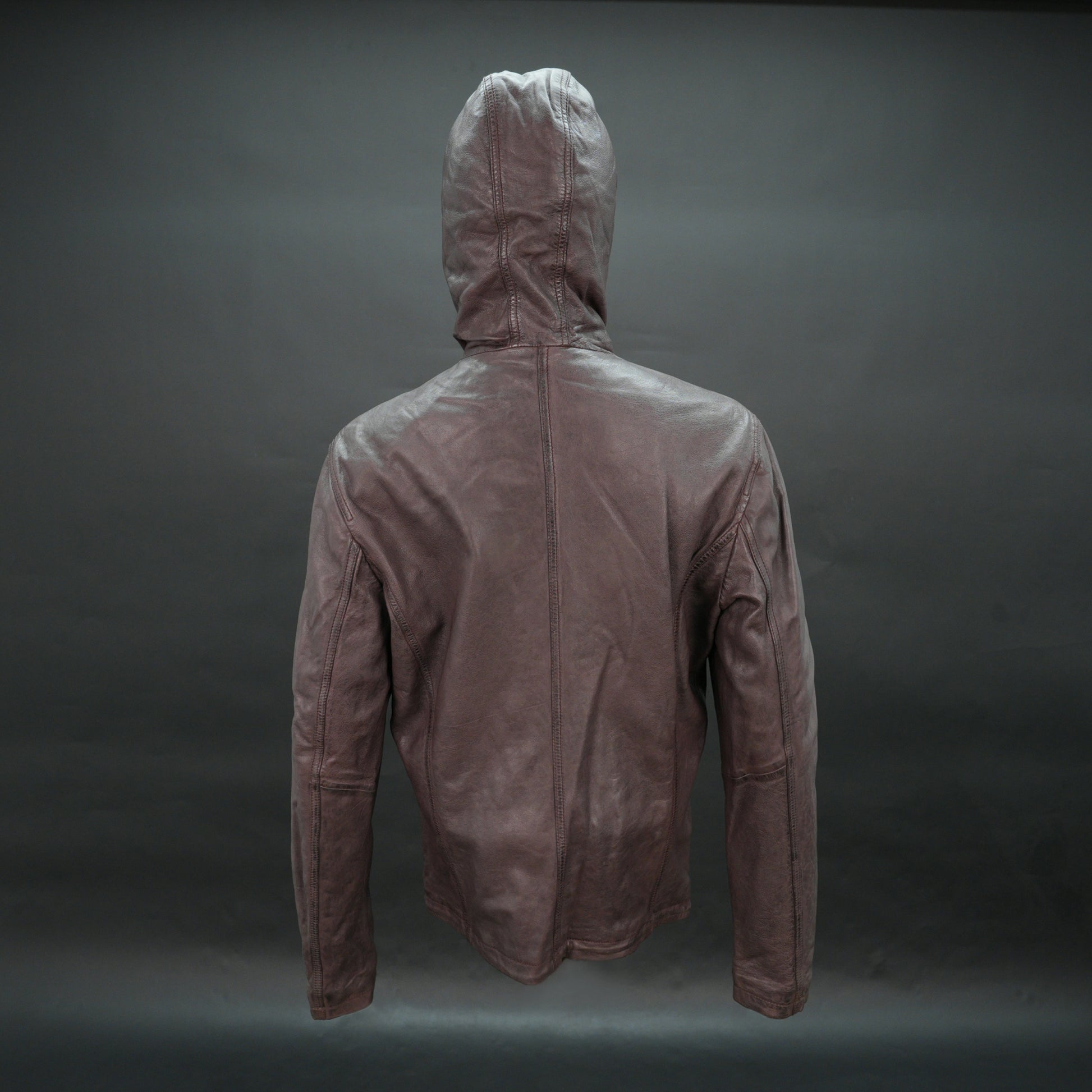 Men brown leather hooded biker jacket with front zip and zip pockets