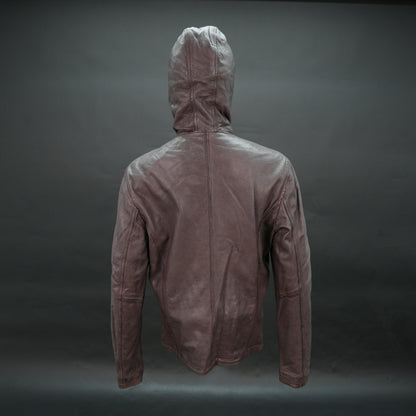 Men brown leather hooded biker jacket with front zip and zip pockets