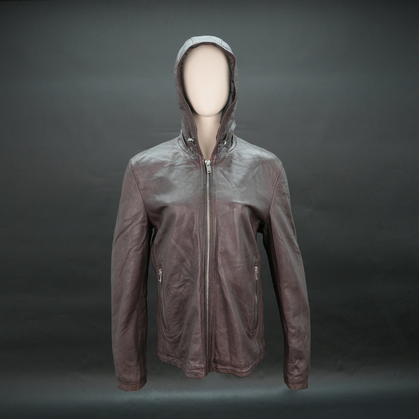 Men brown leather hooded biker jacket with front zip and zip pockets