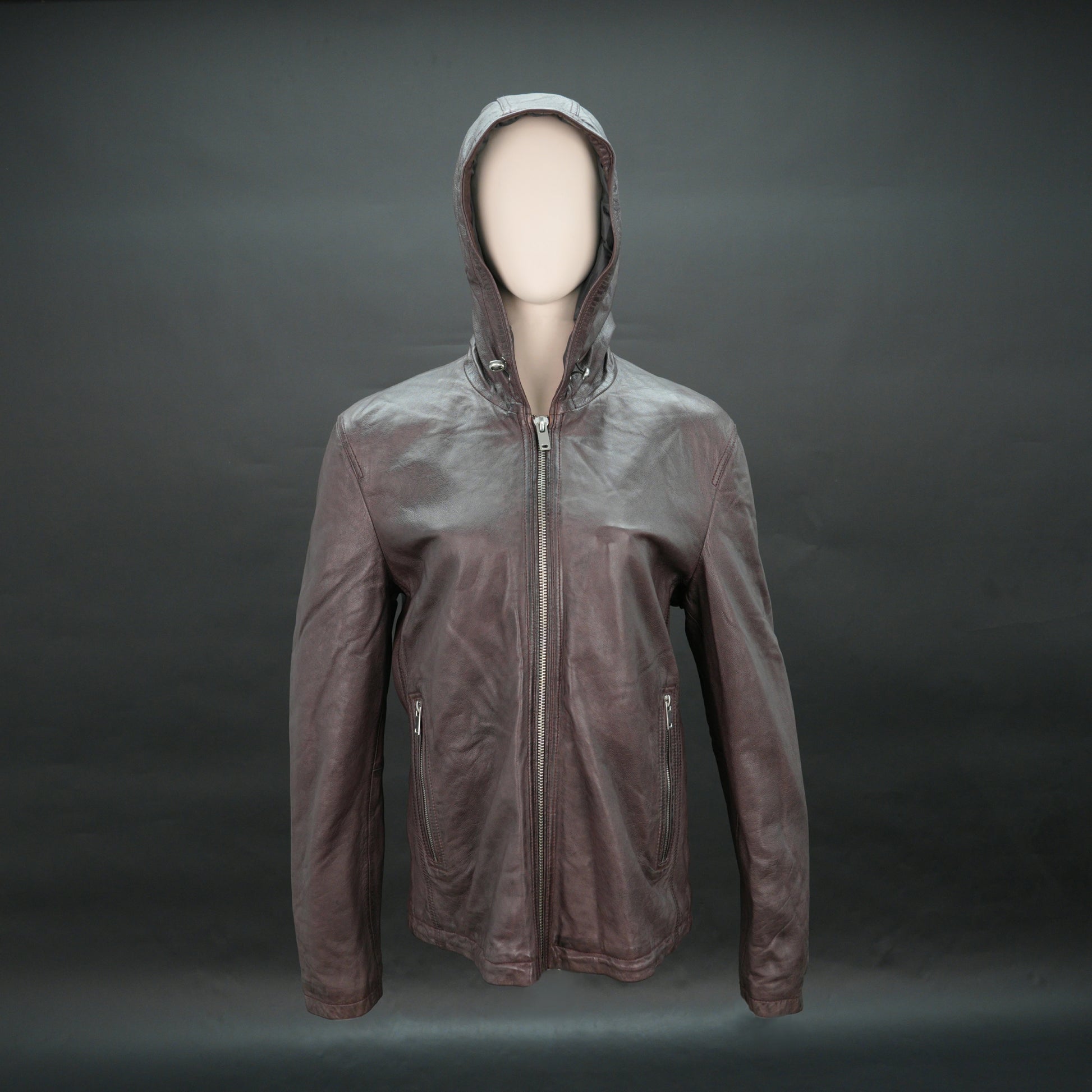 Men brown leather hooded biker jacket with front zip and zip pockets