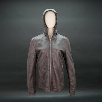 Men brown leather hooded biker jacket with front zip and zip pockets