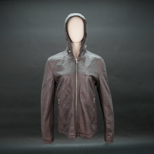 Men brown leather hooded biker jacket with front zip and zip pockets
