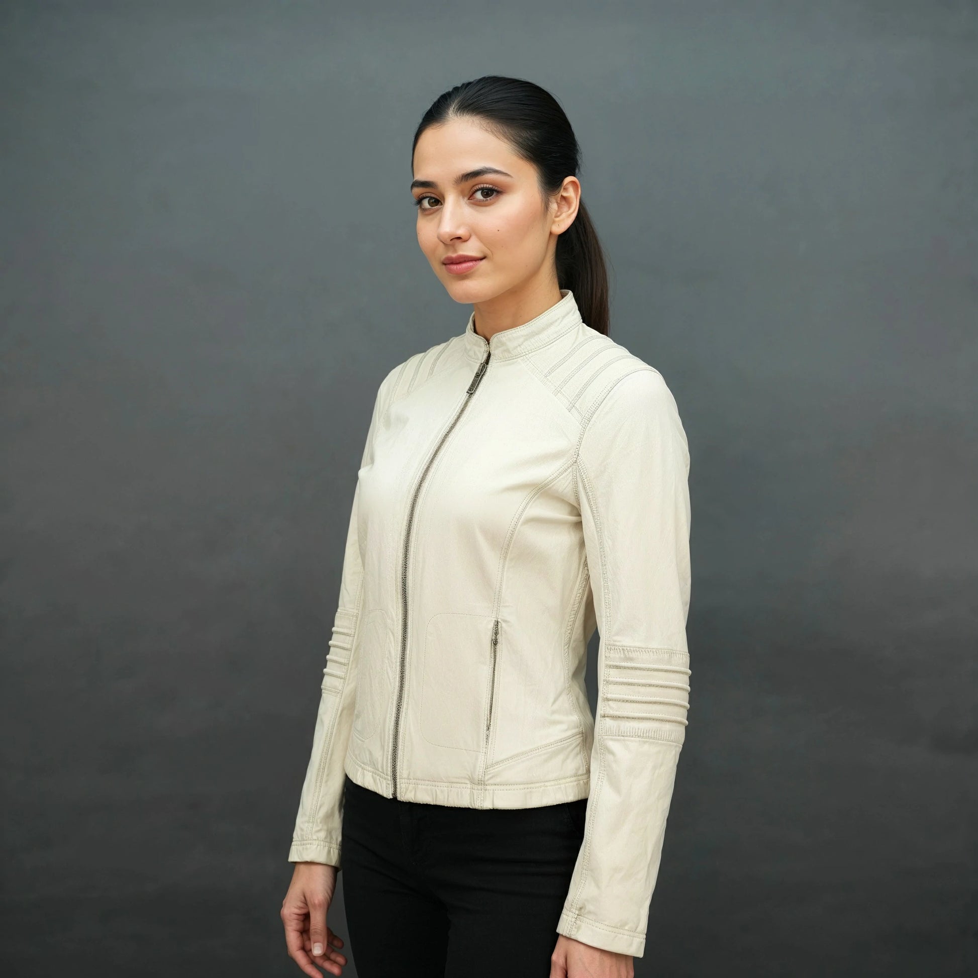 Women's Cream Off-White Leather Biker Jacket with Quilted Detailing
#Desiderio #LeatherJacket #BikerJacket #MotoJacket #WomensFashion
