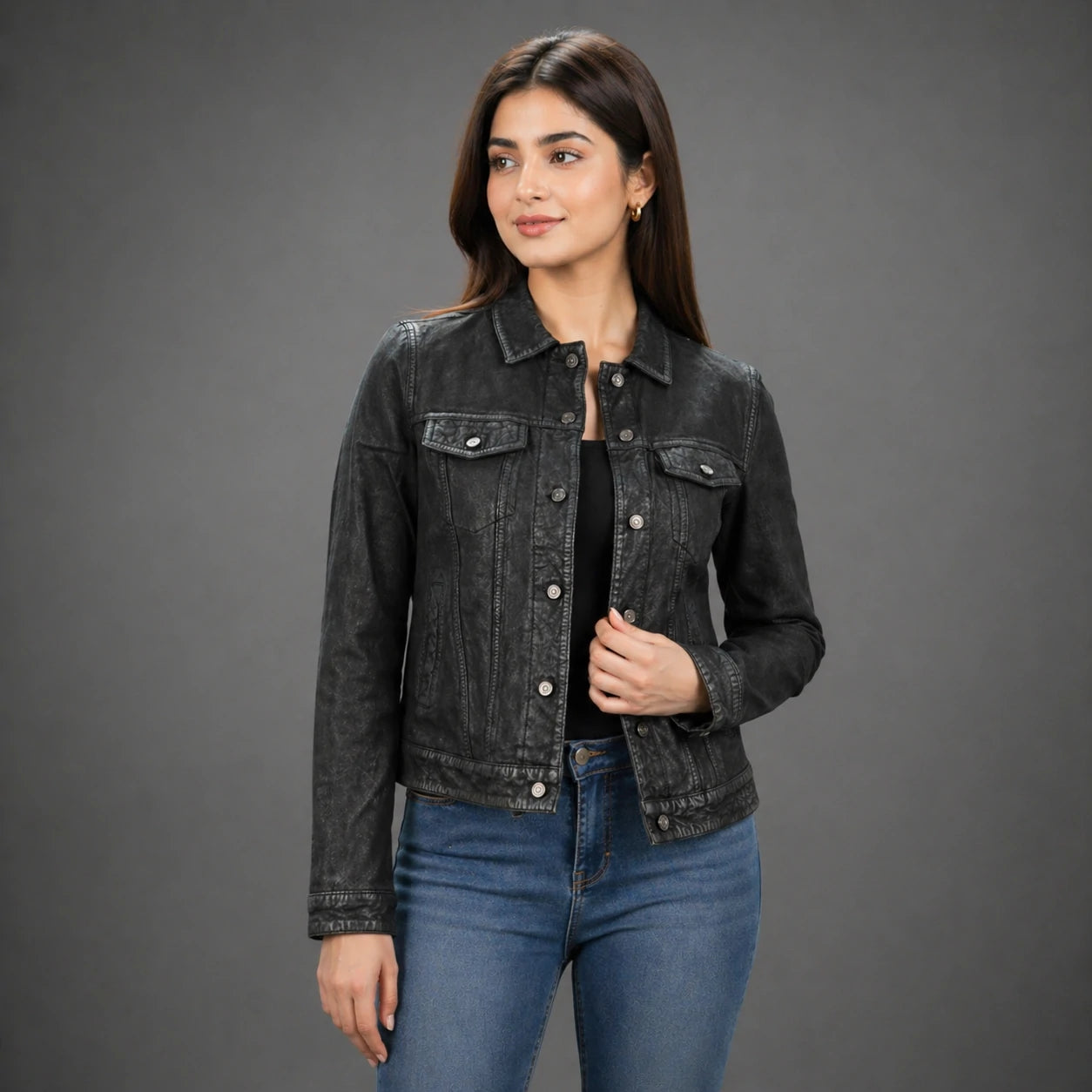 Women distressed black jacket with chest pockets and button closure