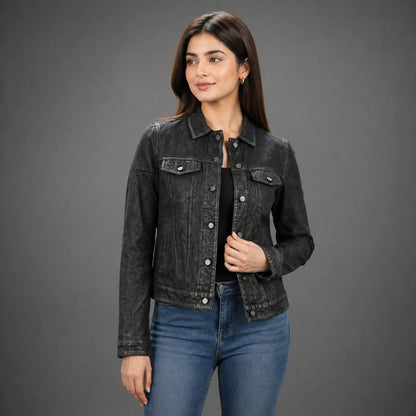 Women distressed black jacket with chest pockets and button closure