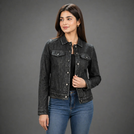 Women distressed black jacket with chest pockets and button closure