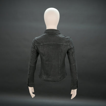 Women distressed black jacket with chest pockets and button closure