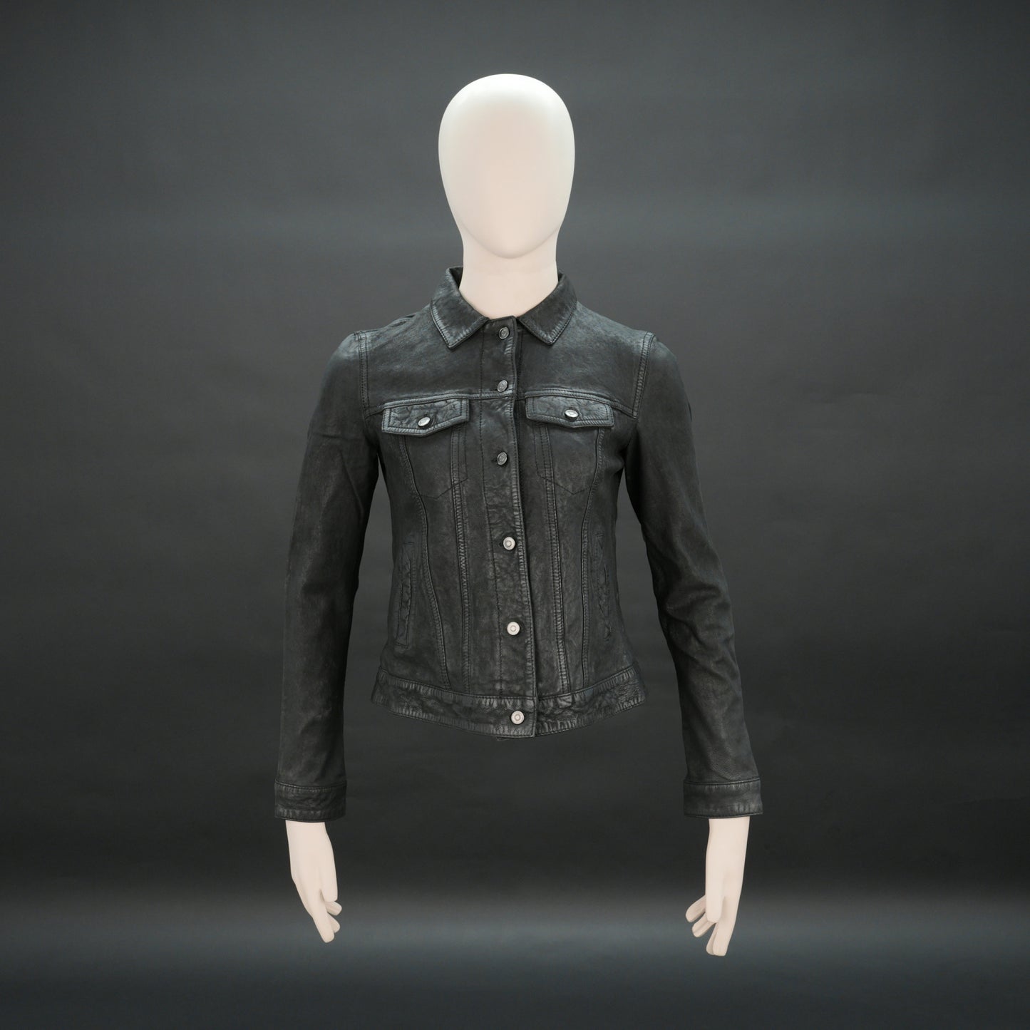 Women distressed black jacket with chest pockets and button closure