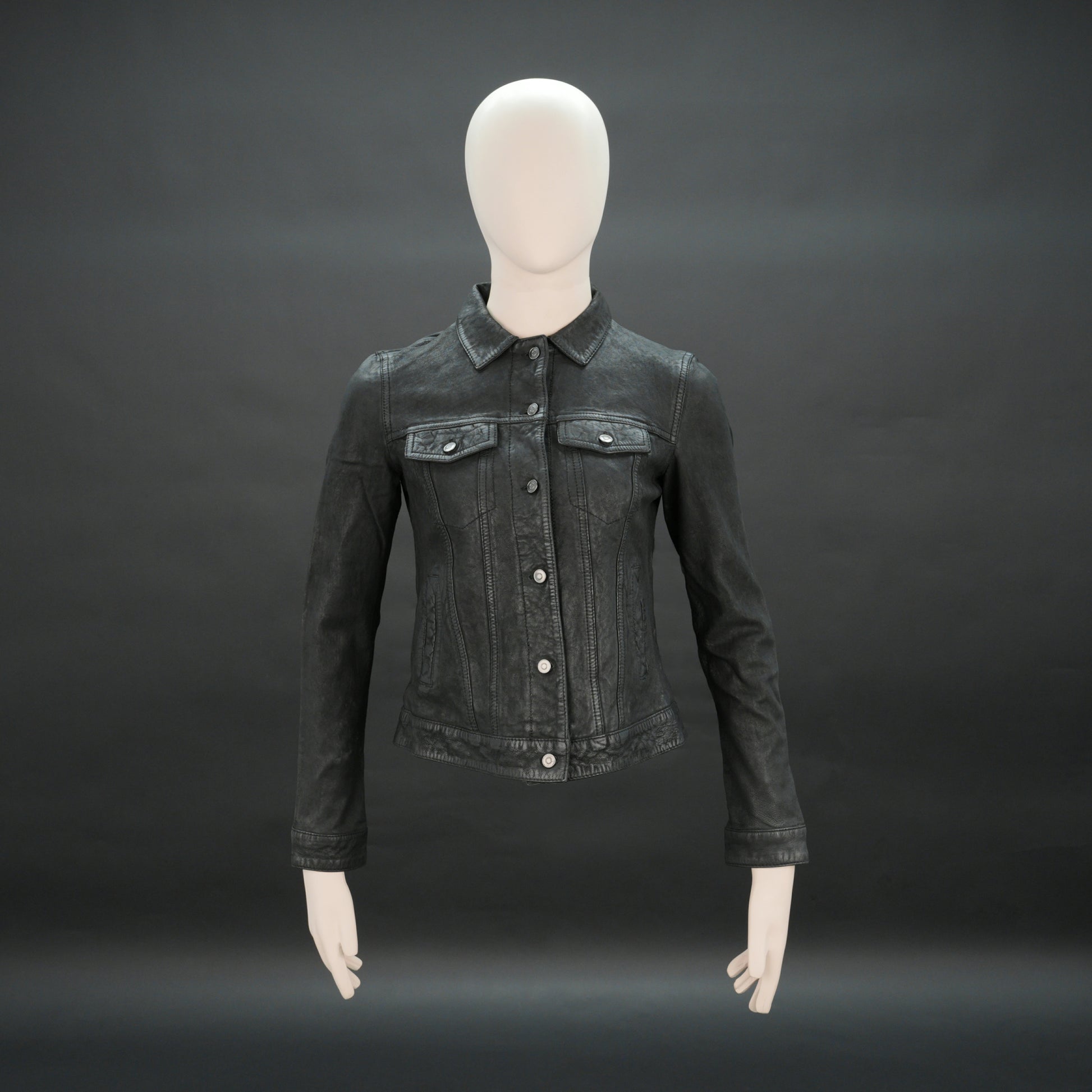Women distressed black jacket with chest pockets and button closure
