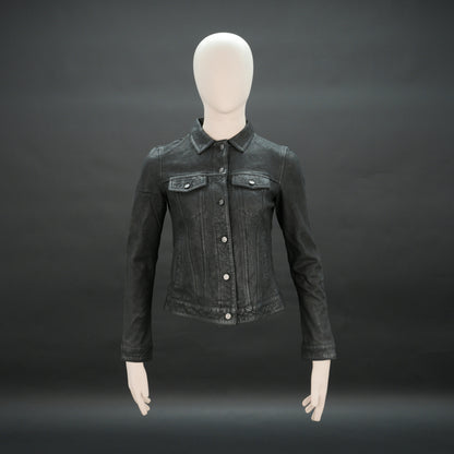 Women distressed black jacket with chest pockets and button closure