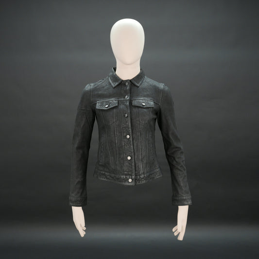 Women distressed black jacket with chest pockets and button closure