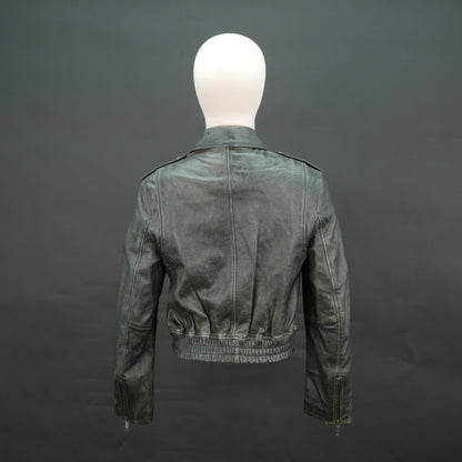 Grey distressed leather biker jacket with slim fit and lapel collar.