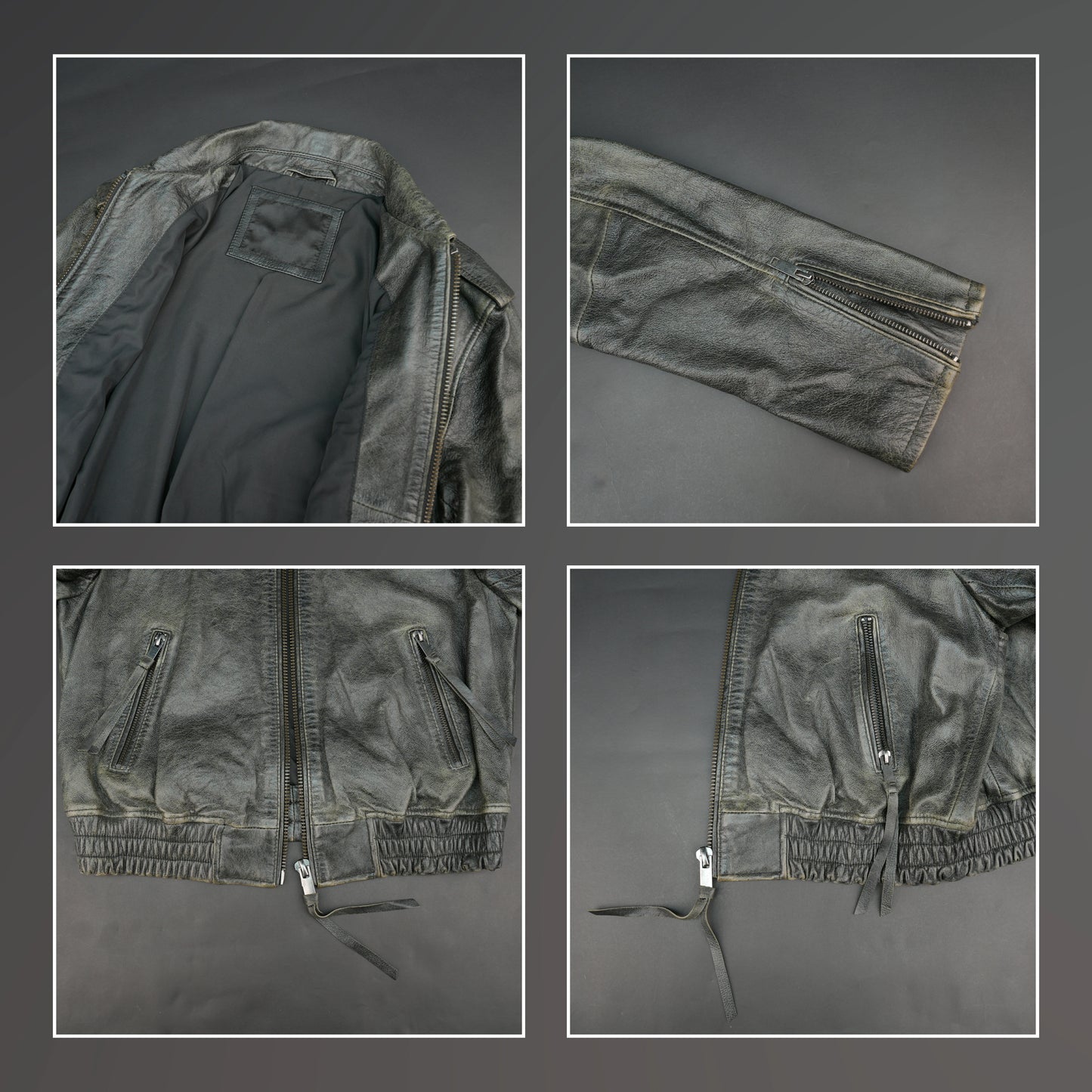 Grey distressed leather biker jacket with slim fit and lapel collar.