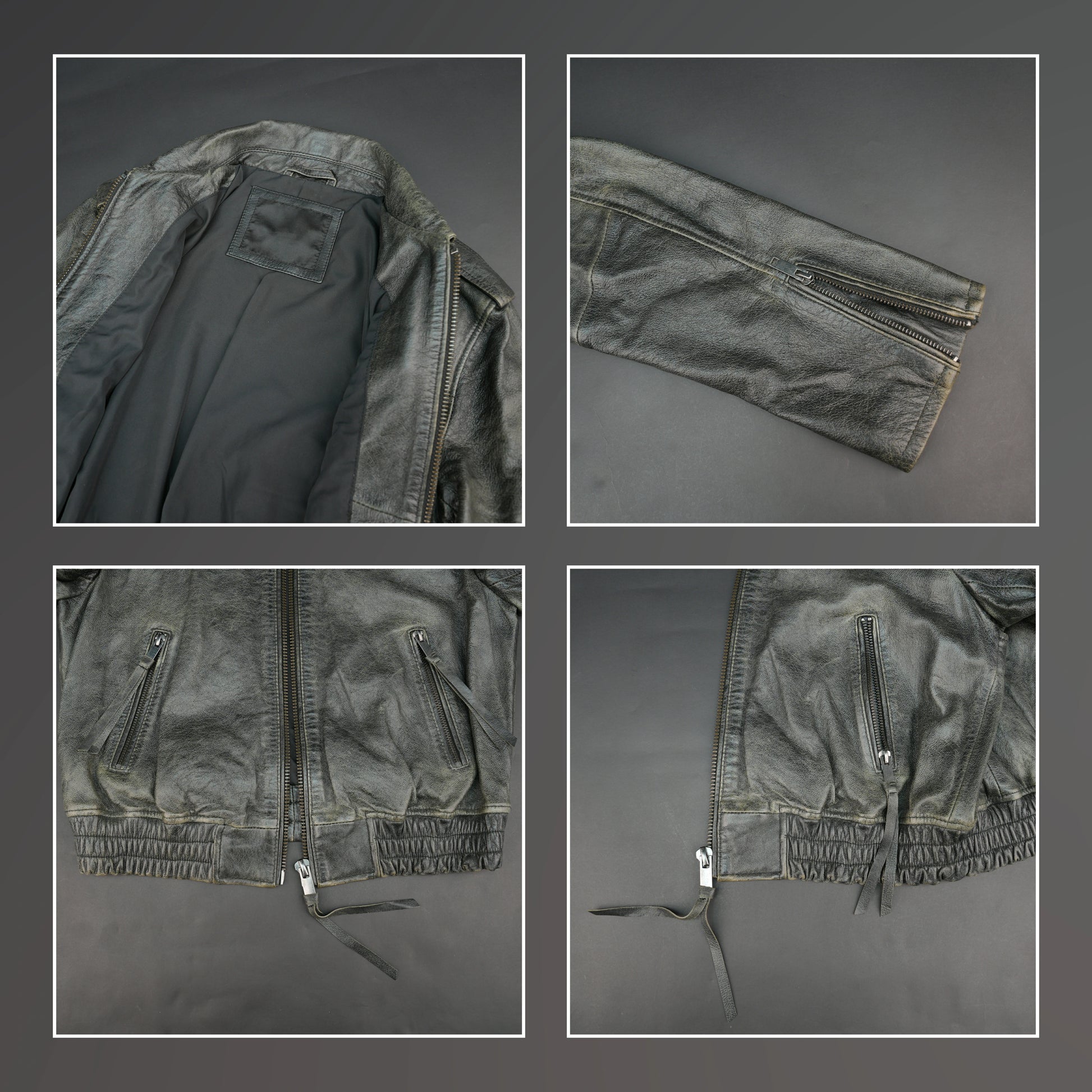 Grey distressed leather biker jacket with slim fit and lapel collar.