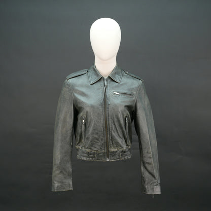 Grey distressed leather biker jacket with slim fit and lapel collar.