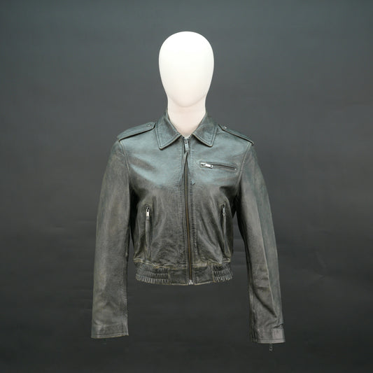 Grey distressed leather biker jacket with slim fit and lapel collar.