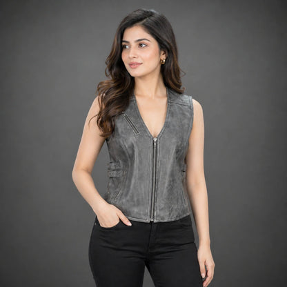 Women distressed grey leather biker vest with front zip and buckle
