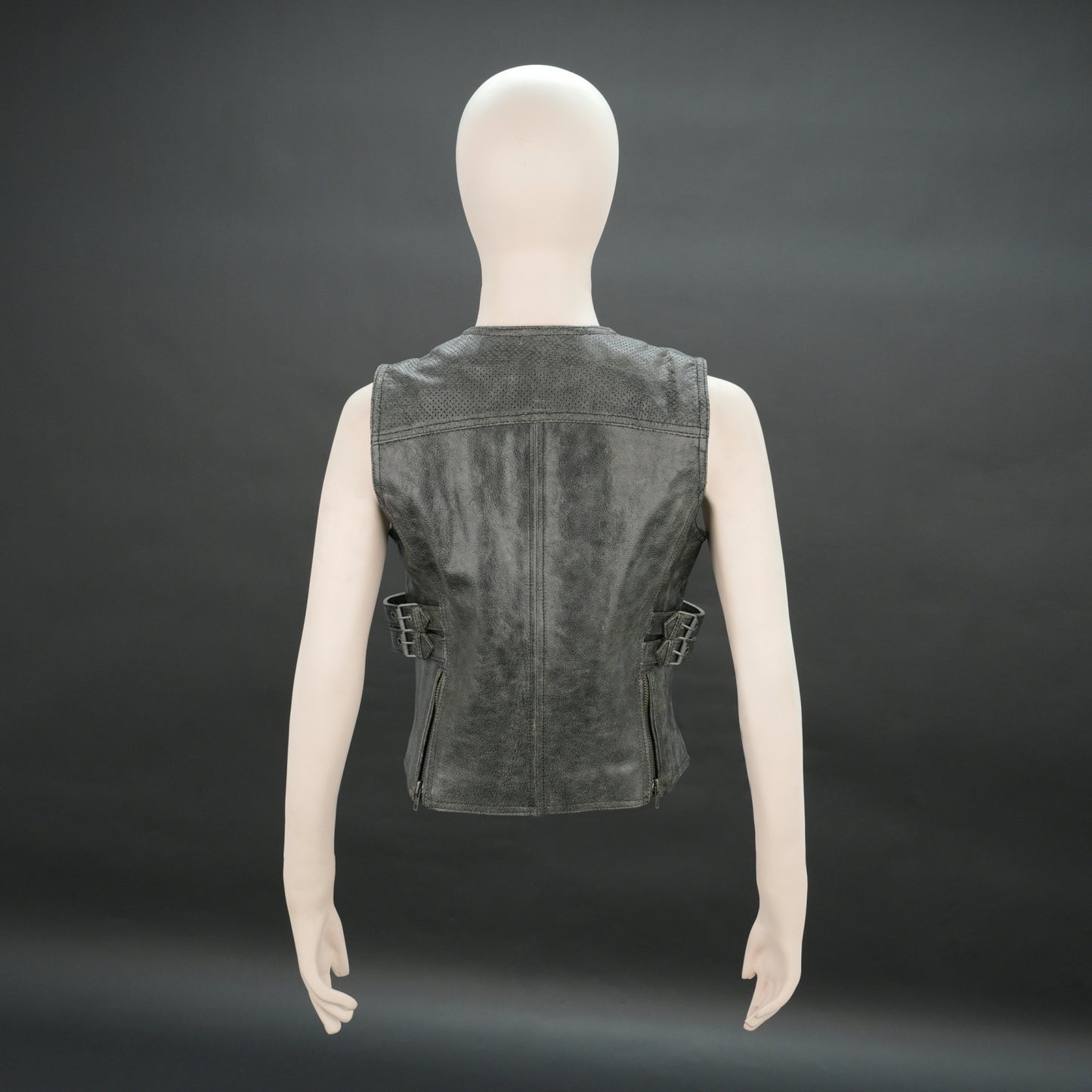 Women distressed grey leather biker vest with front zip and buckle