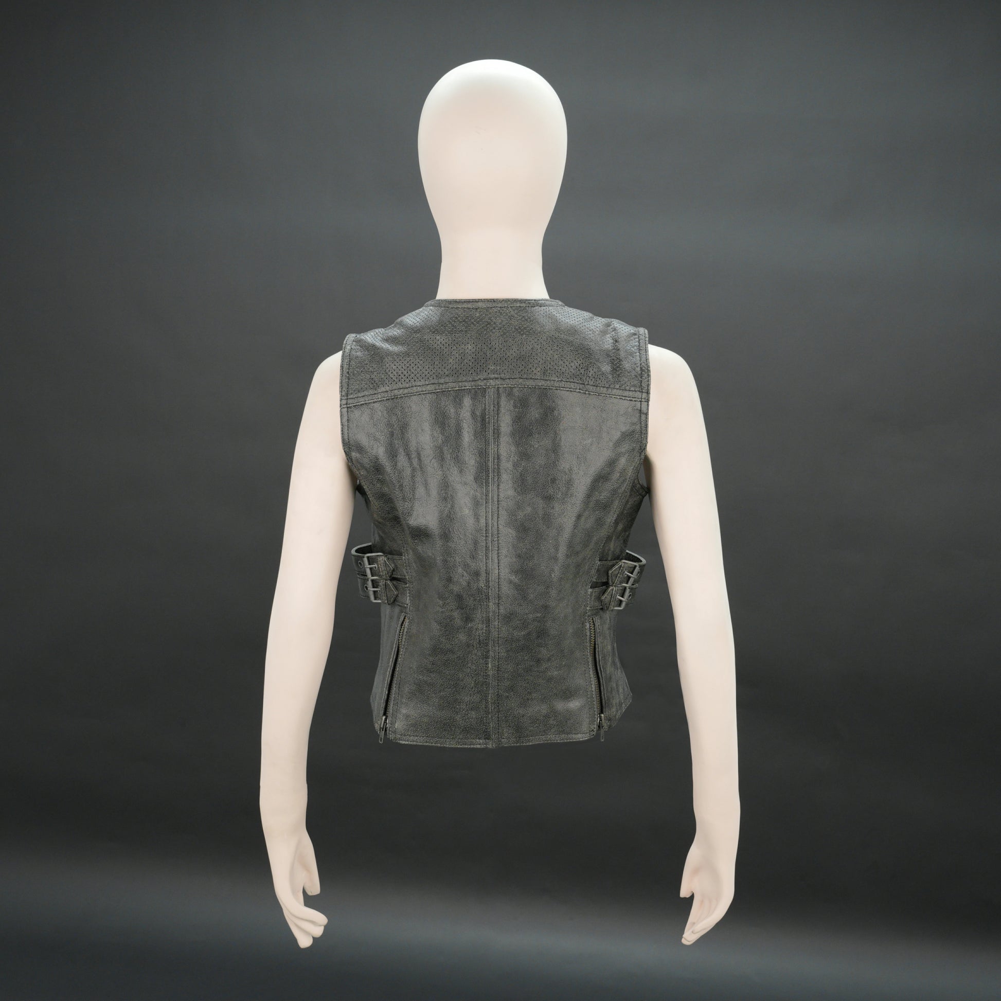 Women distressed grey leather biker vest with front zip and buckle