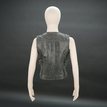 Women distressed grey leather biker vest with front zip and buckle