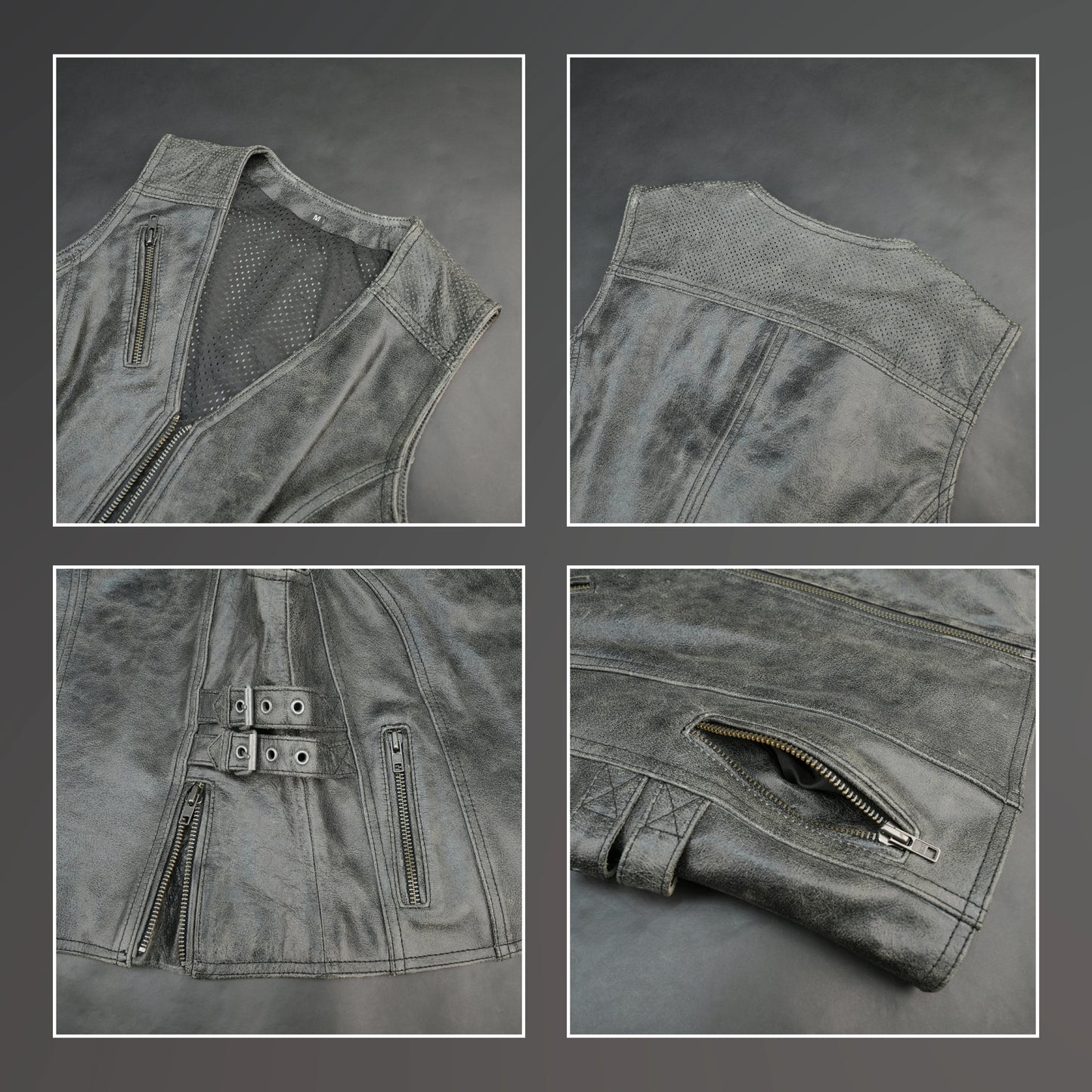 Women distressed grey leather biker vest with front zip and buckle