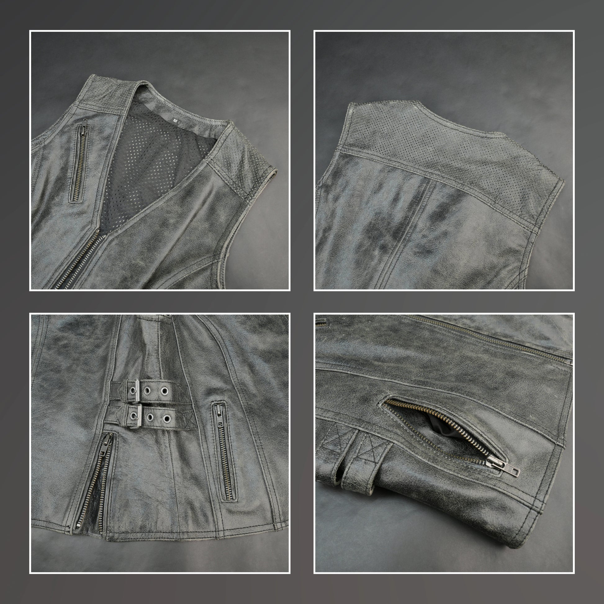 Women distressed grey leather biker vest with front zip and buckle